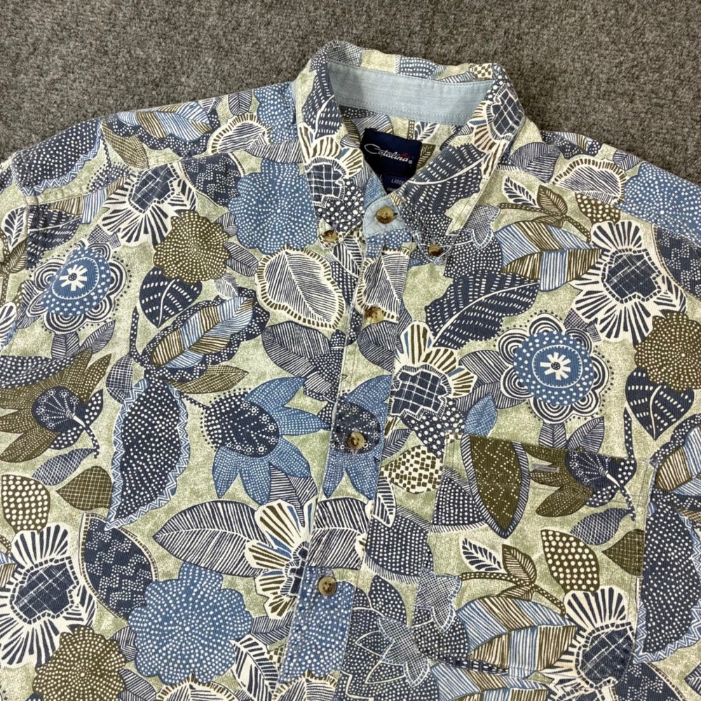 Catalina Mens Large Floral Leaf Print Short Sleeve Cotton Button Down Shirt Blue